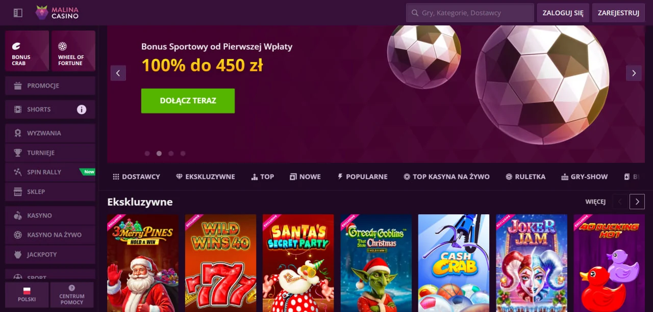 Malina Casino Menu główne 