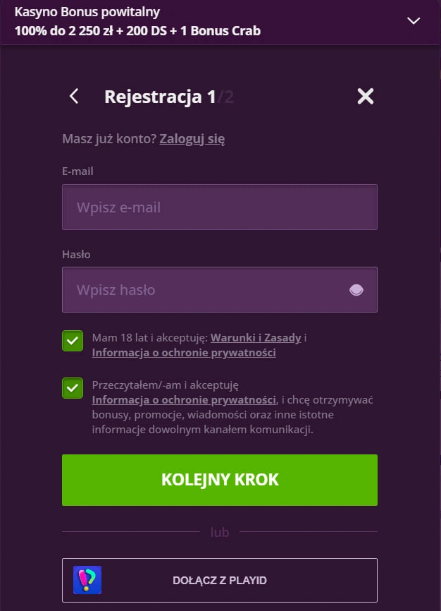 Malina Casino  sekcja rejstracji