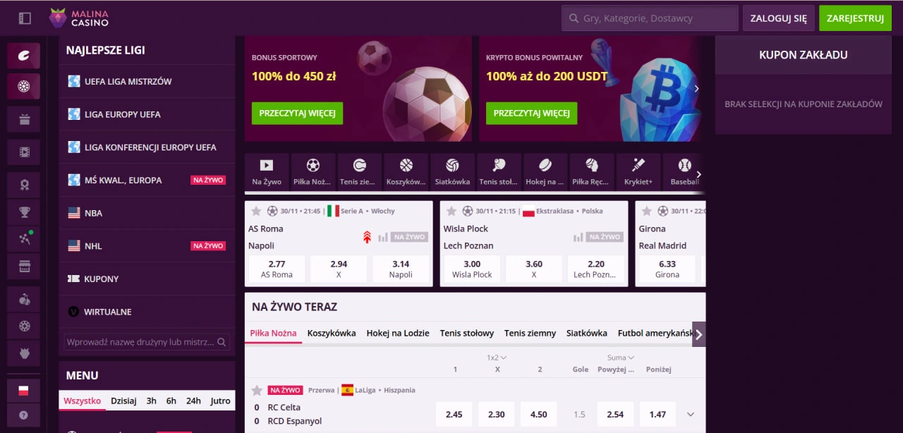 Malina Casino sekcja sportowa