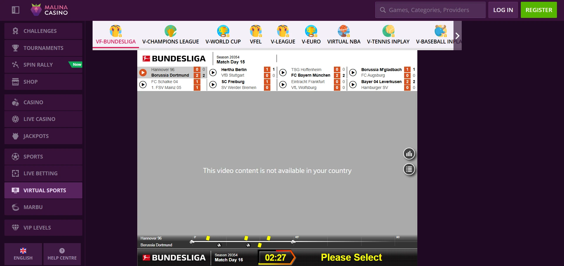 Malina Casino sekcja sportów wirtualnych